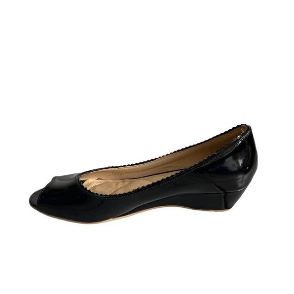 VANGELO DONNA Black Patent Leather Slip-On Wedge Peep Toe Shoes Scalloped 9 - Picture 7 of 15